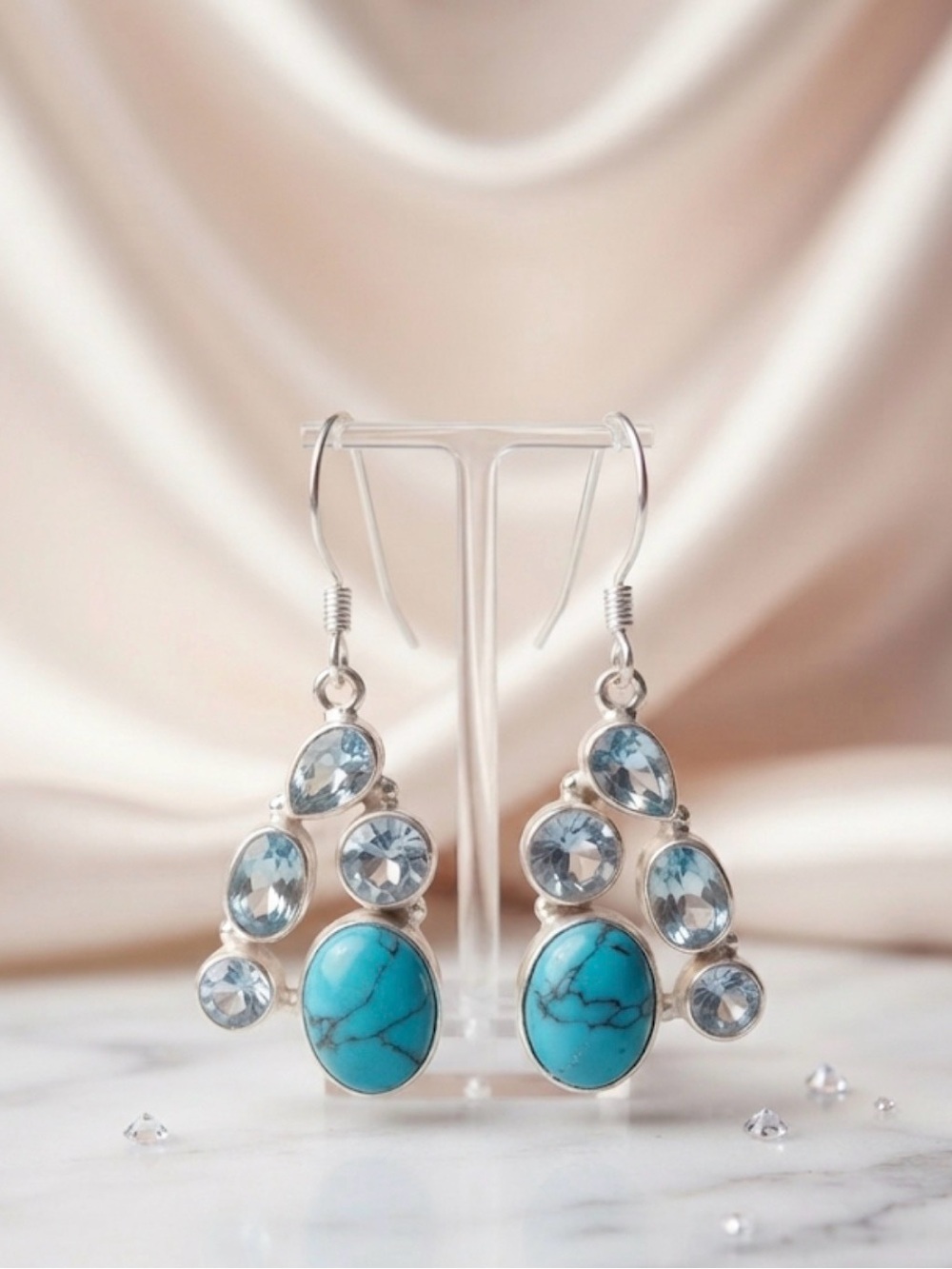Turquoise & Blue Topaz Chandelier Earrings in Sterling Silver - Picture 3 of 7